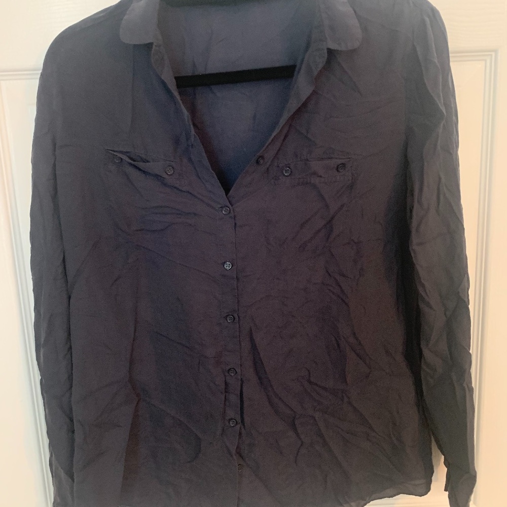 Navy silk button down blouse
